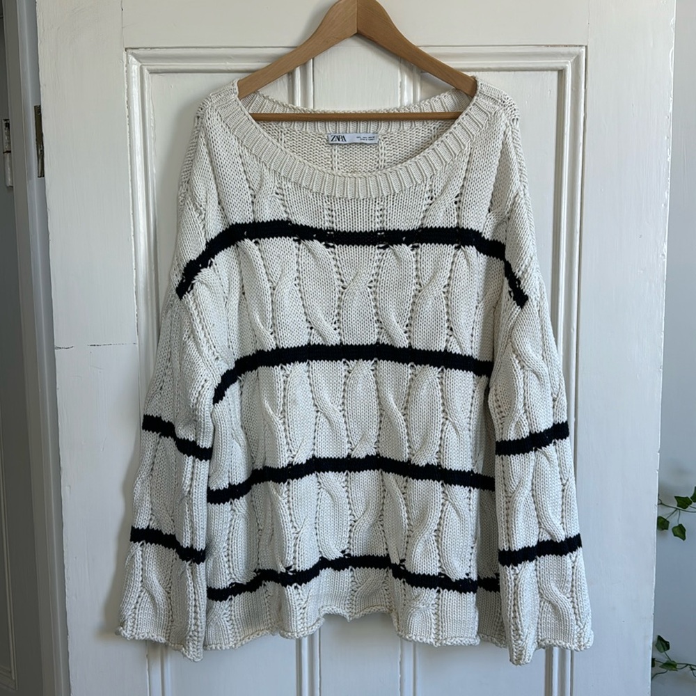 blue and white knit sweater